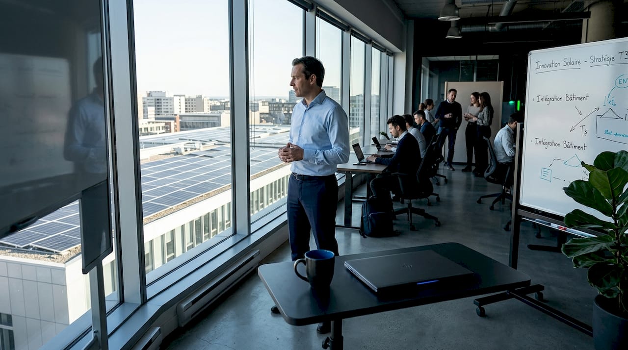 Un cadre échange avec ses collègues devant des bureaux modernes, sur fond de panneaux solaires.