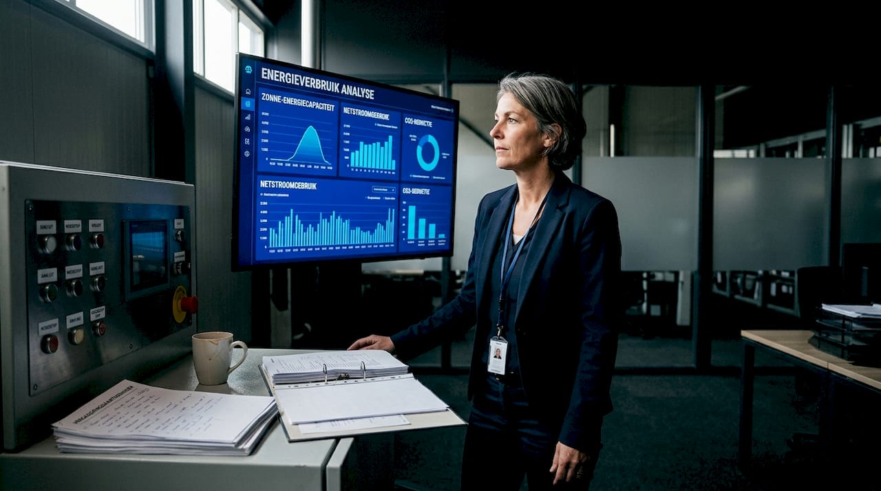 De facilitair manager bekijkt de energiegegevens op kantoor om inzicht te krijgen in het verbruik.