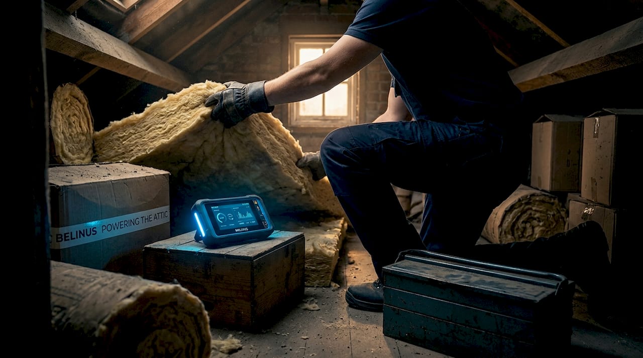 Installer checks insulation in attic retrofit