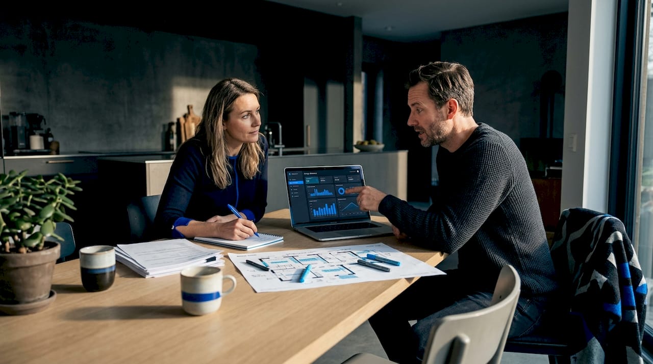Couple planning electrification at kitchen table