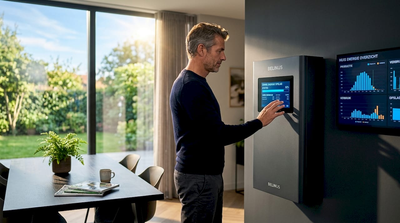 Man bedient thuis zijn slimme batterijopslag