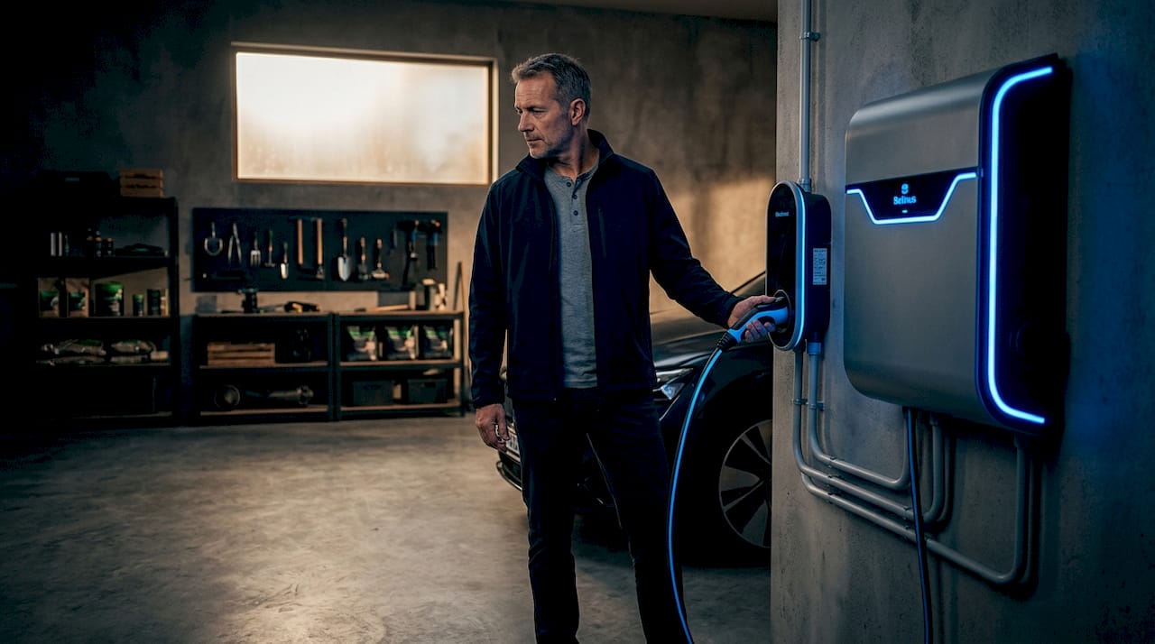 Man charging EV and managing battery in garage