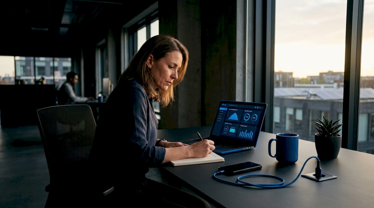 Woman managing home energy at kitchen table