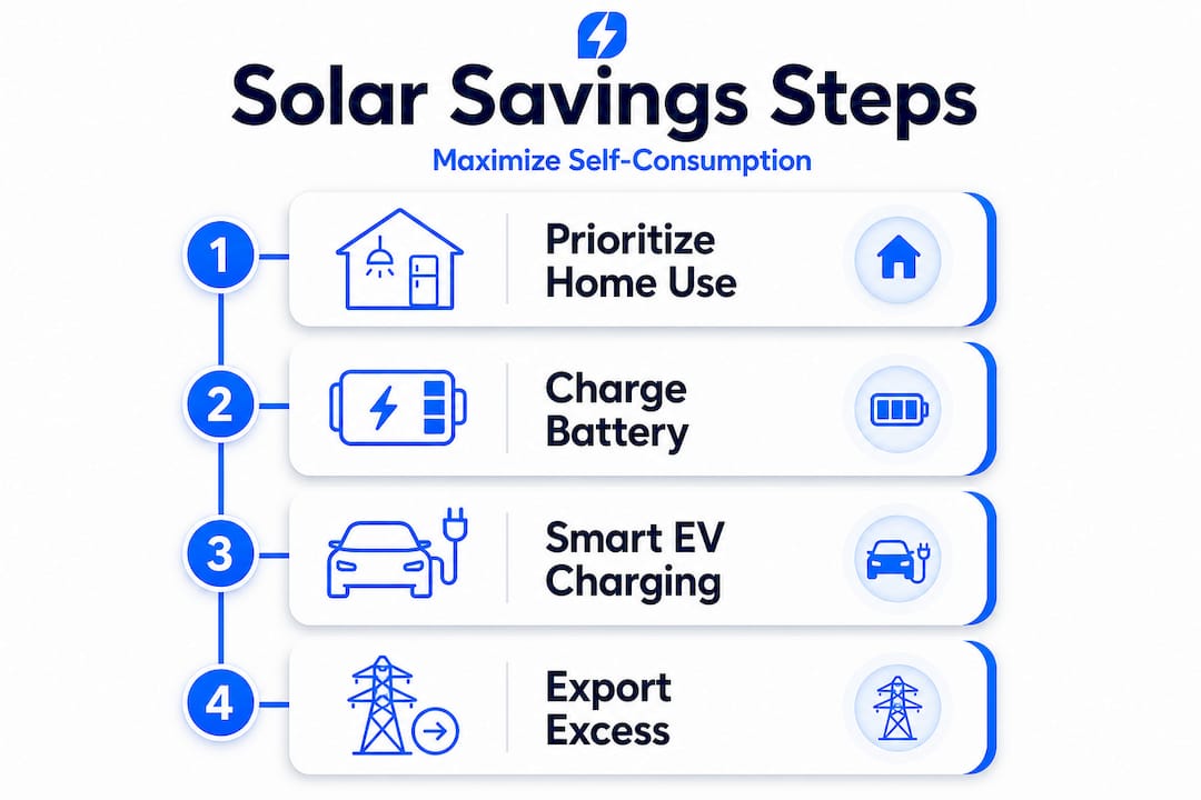 Infographic illustrating steps to maximize solar energy savings