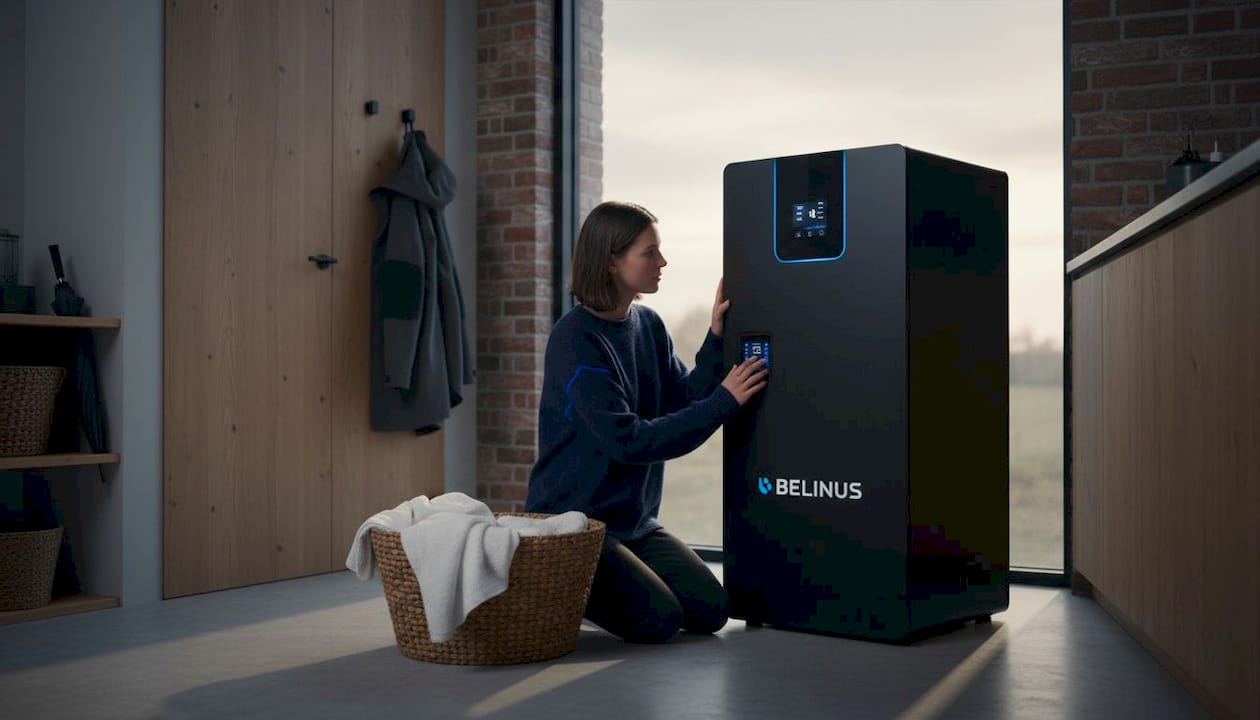 Een woningeigenaar kijkt de thuisbatterij na in de bijkeuken.