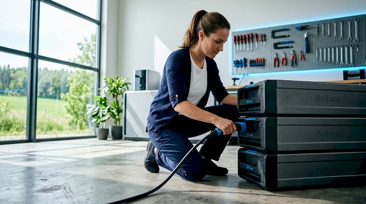 Technician connecting modular battery units