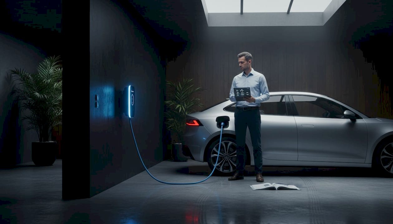 Un responsable contrôle le bon déroulement des recharges de véhicules électriques sur le parking de l’entreprise.