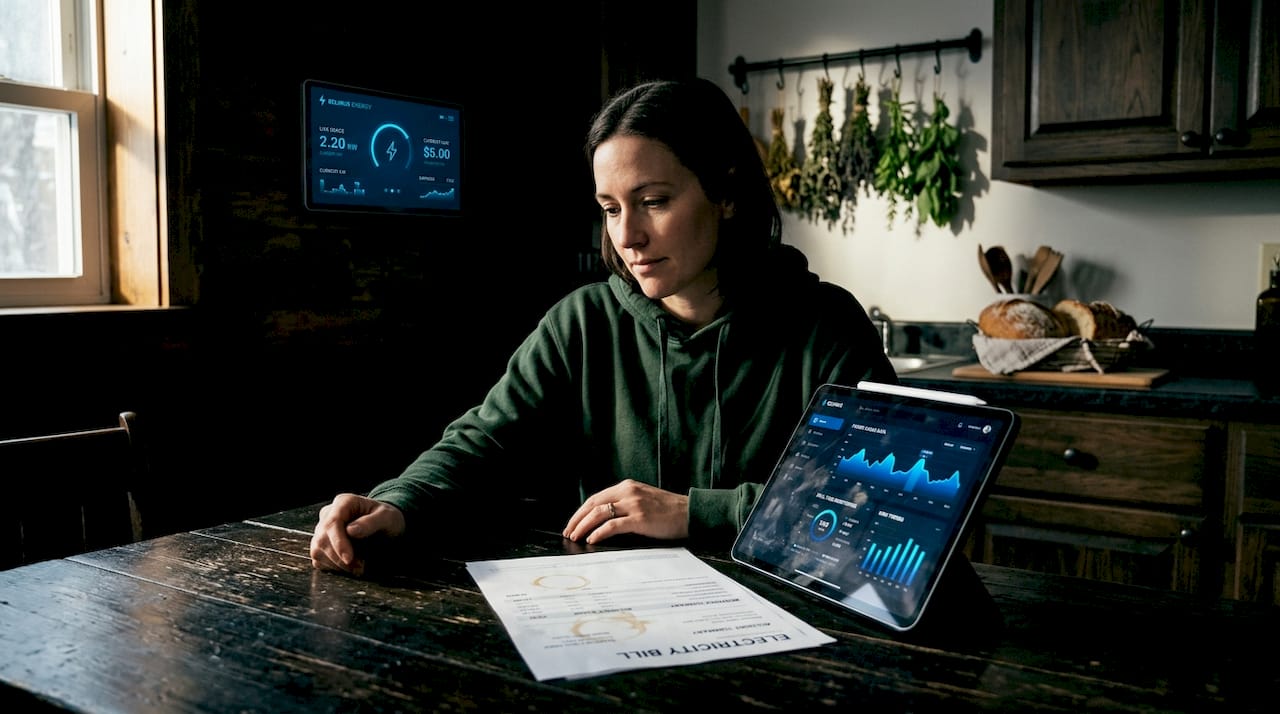 Woman reviewing energy app savings at kitchen table