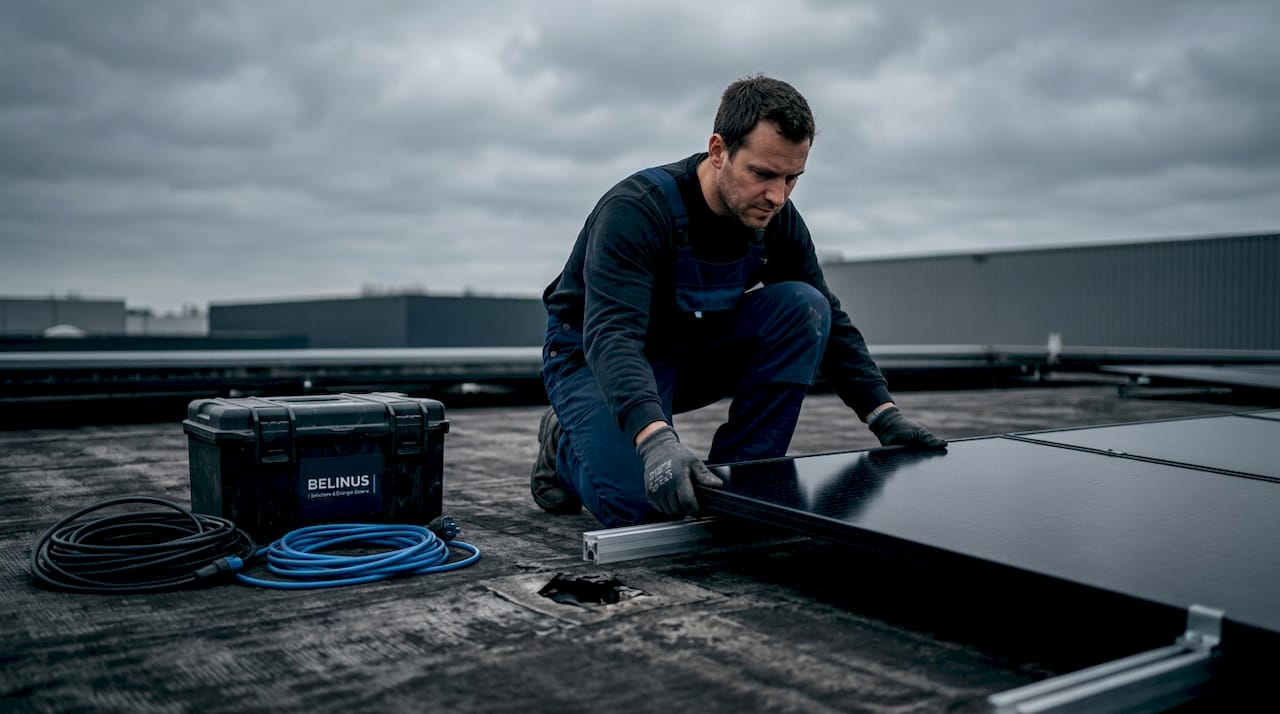 Un technicien procède à l’installation d’un panneau solaire léger.