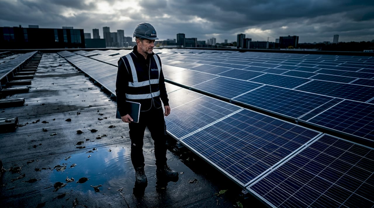 Un ingénieur procède à la vérification des panneaux solaires installés sur le toit.