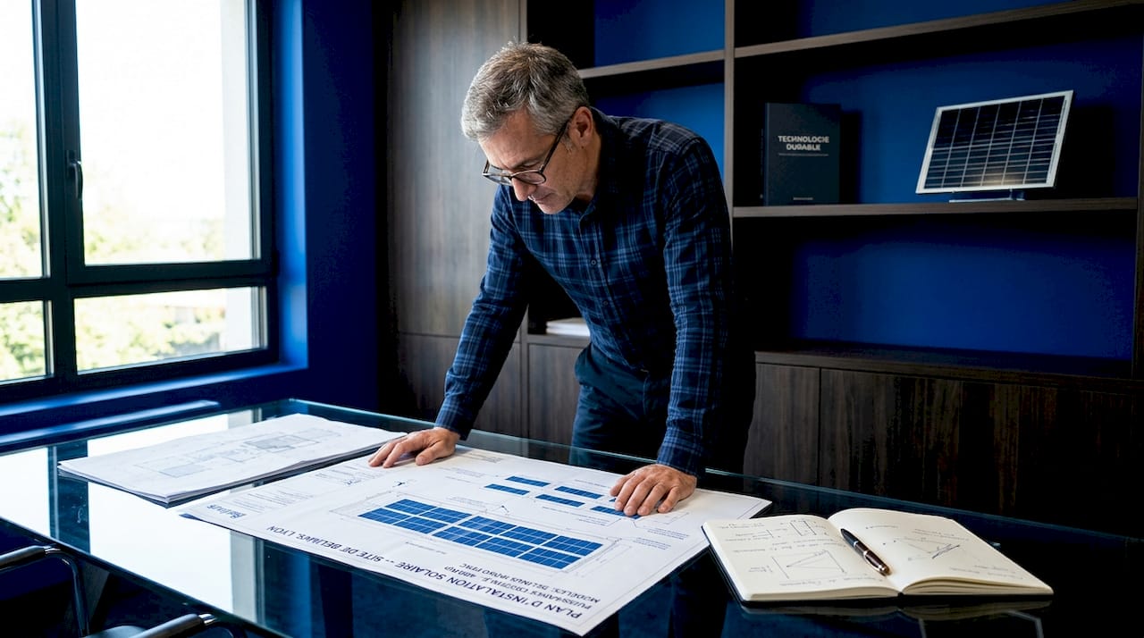Un homme examine les plans pour agrandir une installation solaire.