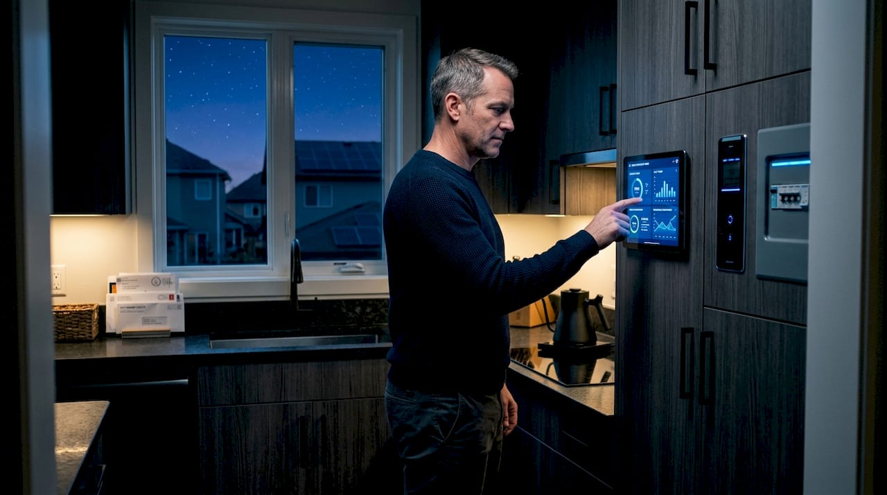 Homeowner checking energy trading dashboard in kitchen
