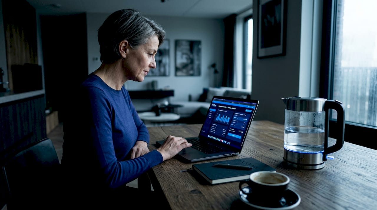 Aan de eettafel houdt een vrouw haar energieverbruik in de gaten