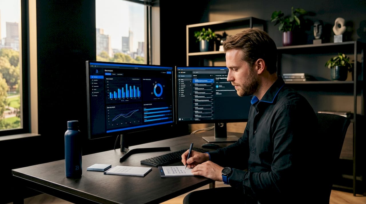 Een medewerker bekijkt en analyseert de energiedata op kantoor.