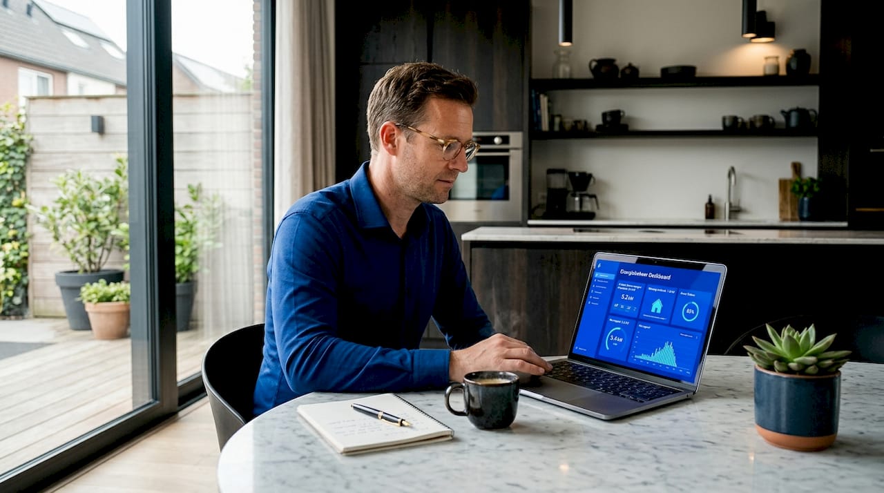Een man thuis aan de keukentafel kijkt op zijn laptop naar het dashboard voor energiebeheer.