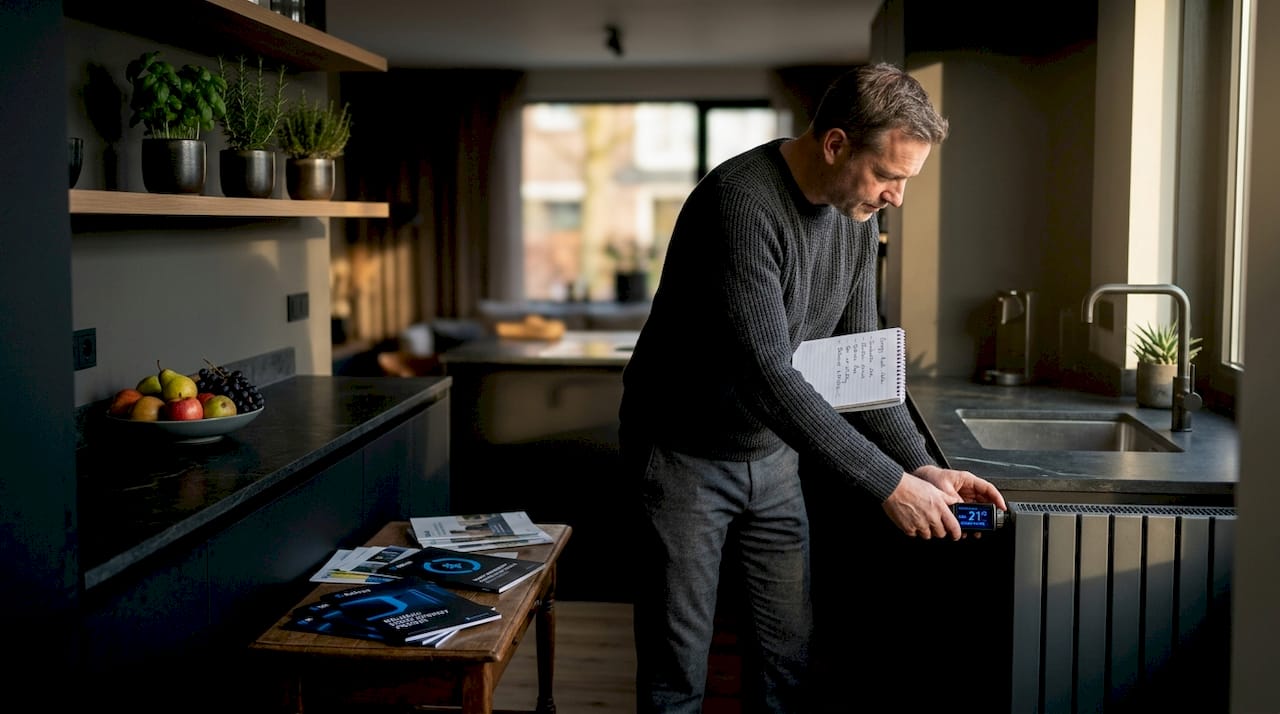 Man conducting home energy check with notepad