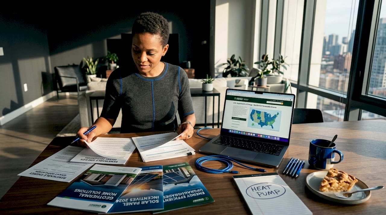 Woman reviewing green energy grant documents