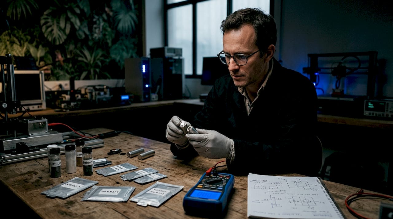 Un ingénieur analyse des cellules de batteries dans un laboratoire.