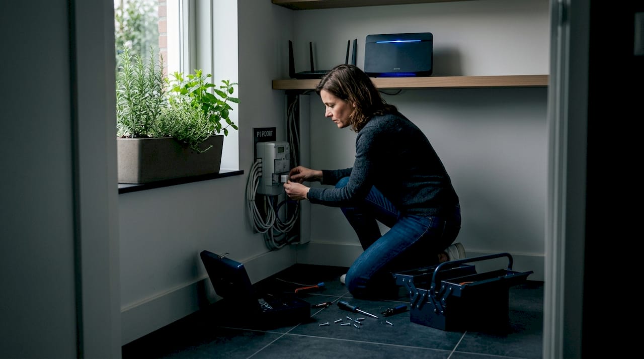 Vrouw sluit wifi-adapter aan op slimme meter
