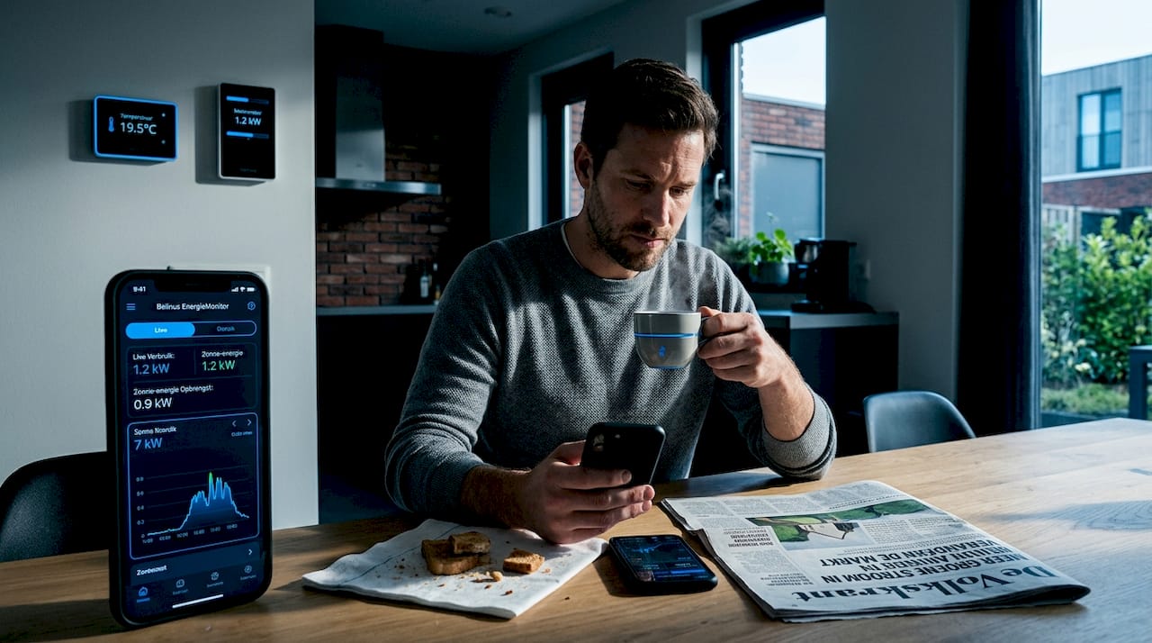 Een man zit aan de keukentafel en bekijkt zijn energieverbruik op zijn telefoon.