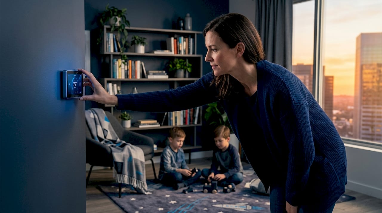 Woman adjusting smart thermostat in family living room