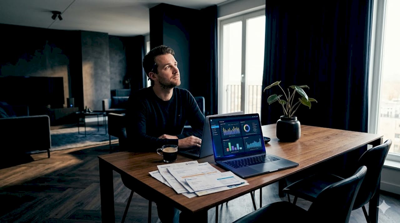 Een man zit aan de keukentafel zijn energierekening door te nemen.