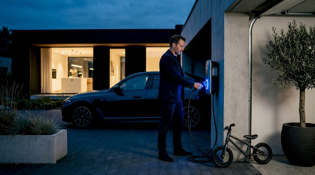 Un automobiliste recharge sa voiture électrique chez lui