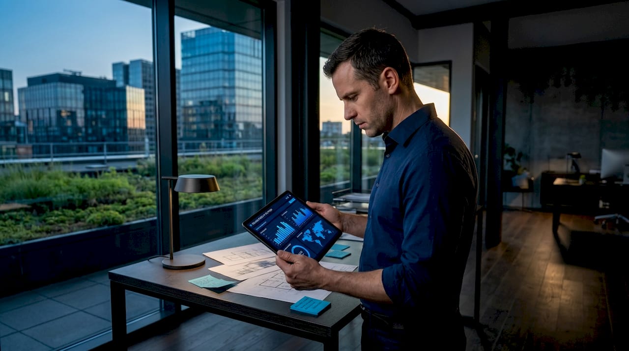 Facility manager checks building energy data tablet