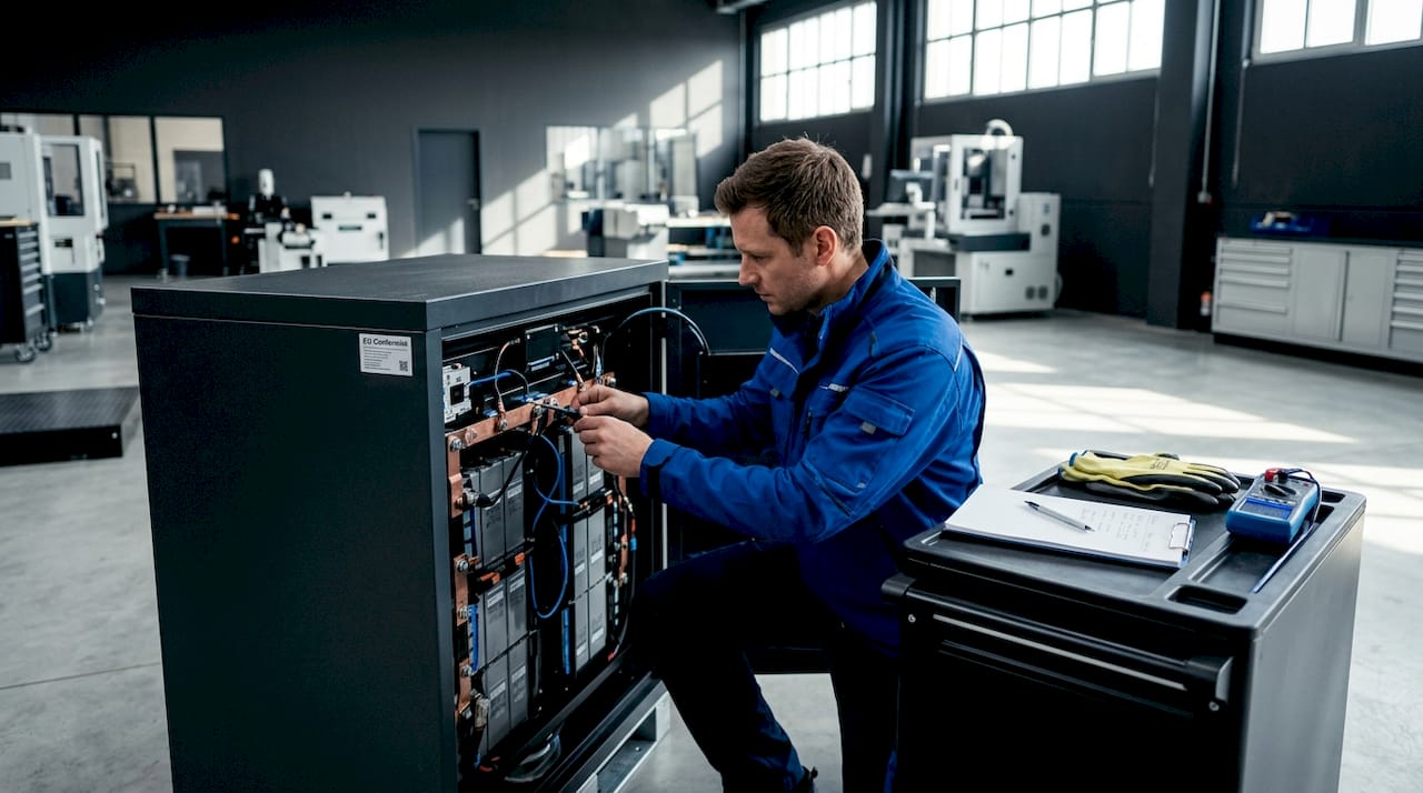 Technician inspects industrial battery cabinet in utility room