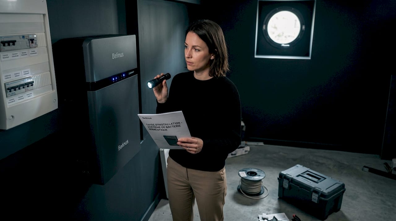 Une femme vérifie le fonctionnement de sa batterie domestique installée au sous-sol.