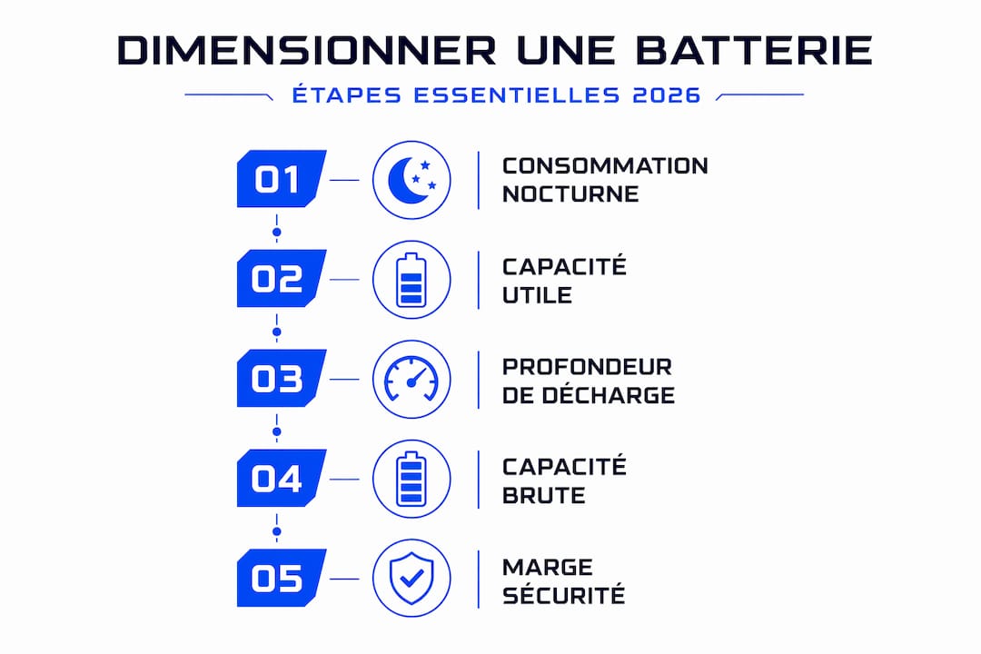 Infographie : les différentes étapes pour dimensionner une batterie domestique