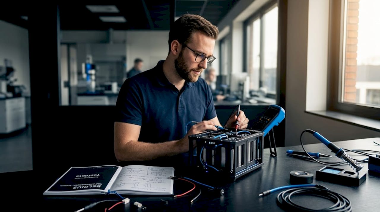 Een ingenieur doet onderzoek naar een supercondensator in het laboratorium.