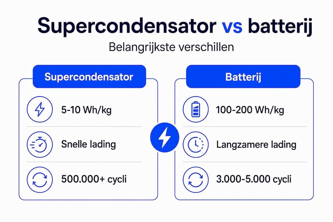 Infographic: supercondensatoren versus batterijen – de belangrijkste verschillen op een rij