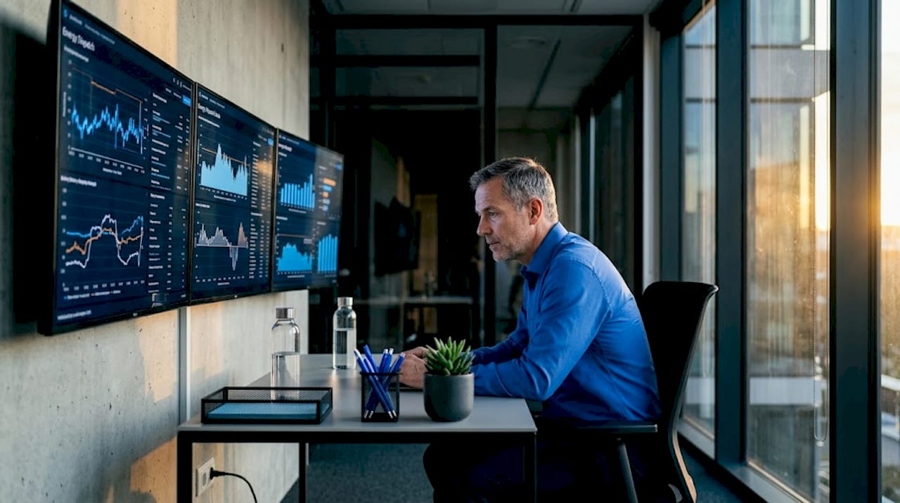 Analyst monitoring battery dispatch screens