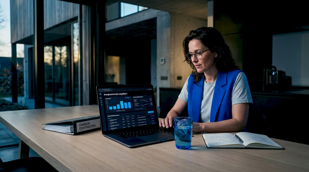 Aan de keukentafel zet een vrouw rustig alle energieaanbiedingen op een rijtje om te kijken waar ze het beste uit is.