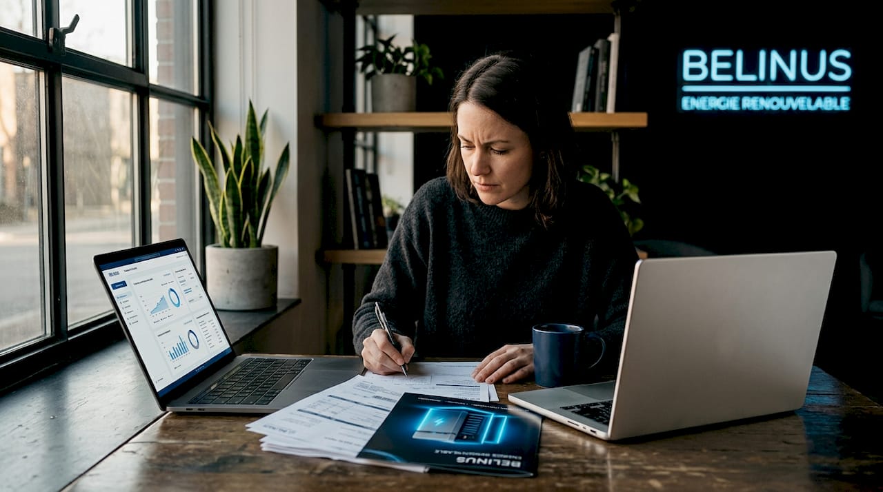 Une femme installée à sa table examine et compare différentes solutions de stockage d’énergie pour mieux choisir celle qui répondra à ses besoins.