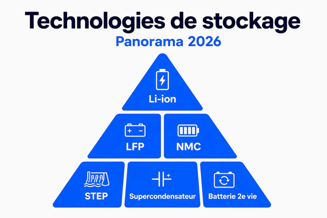 Infographie : panorama des principales technologies de stockage d’énergie par batterie, classées selon leur importance