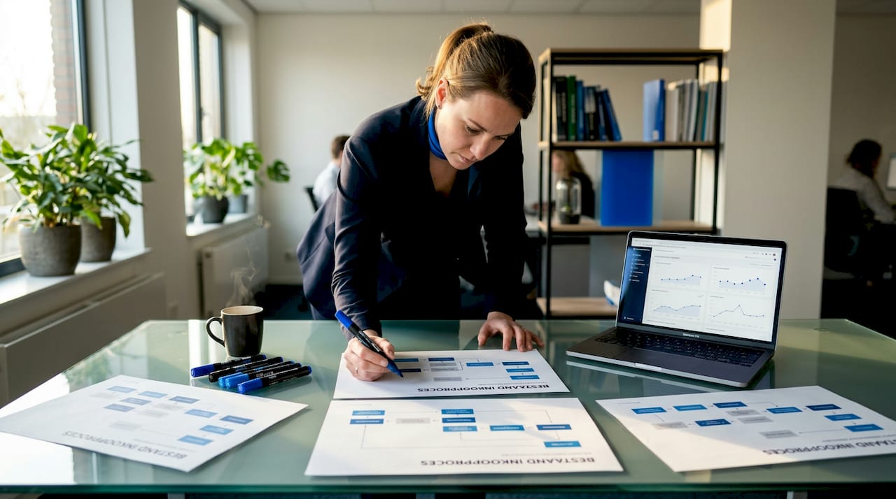 Een medewerker buigt zich over een workflow-analyseblad op zijn bureau.