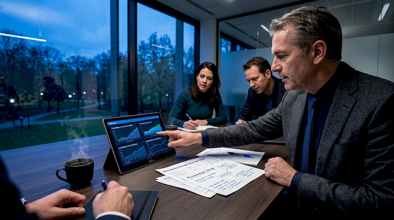 Het inkoopteam overlegt over het energiecontract voor het kantoor.