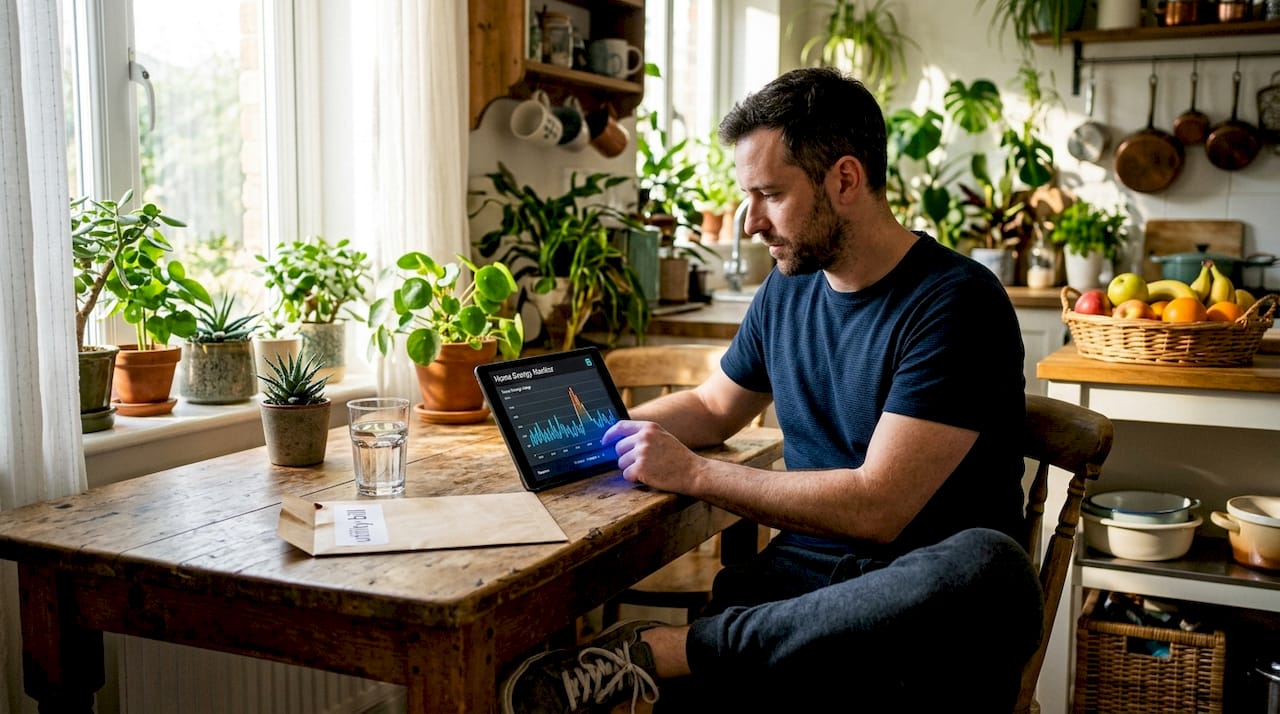 Homeowner checking tablet for energy use