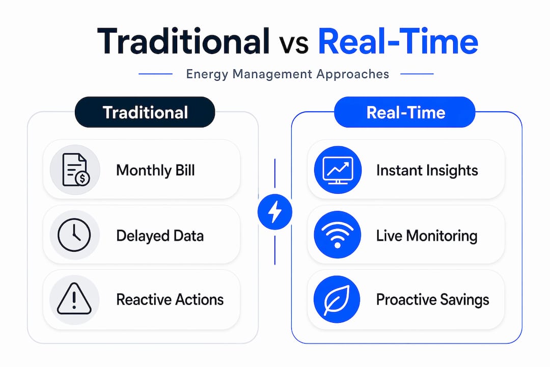 Comparison infographic of traditional and real-time energy management