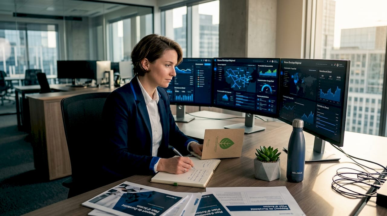 Un responsable énergie analyse en temps réel les tableaux de bord intelligents dans son bureau.