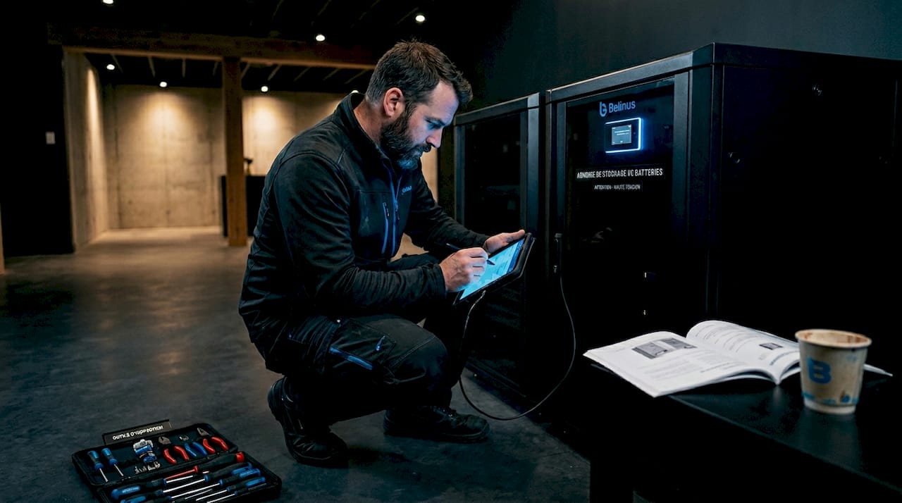 Un technicien procède à la vérification d’une armoire de batteries pilotée par intelligence artificielle.
