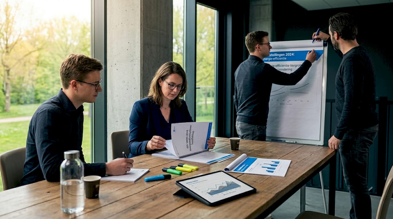Het team overlegt over de invoering van ISO 50001