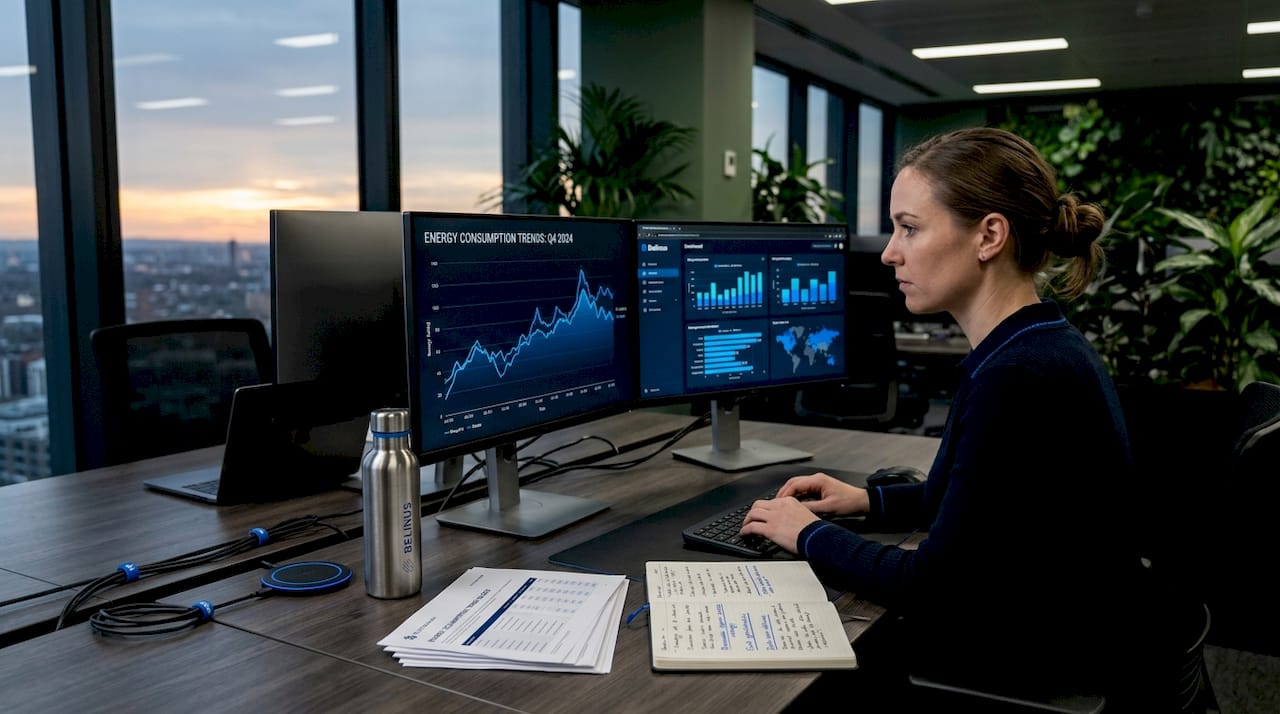 Analyst studying energy data dashboard in office