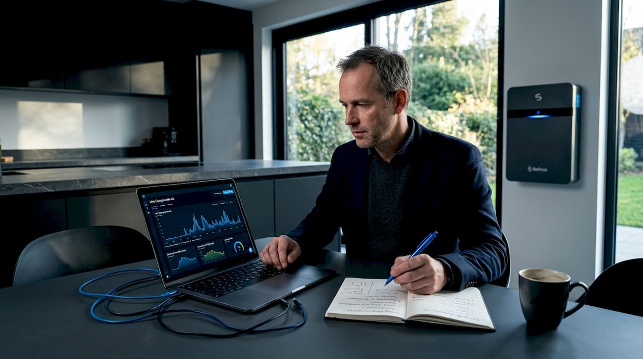 Energieadviseur bekijkt thuis realtime gegevens van het stroomnet.