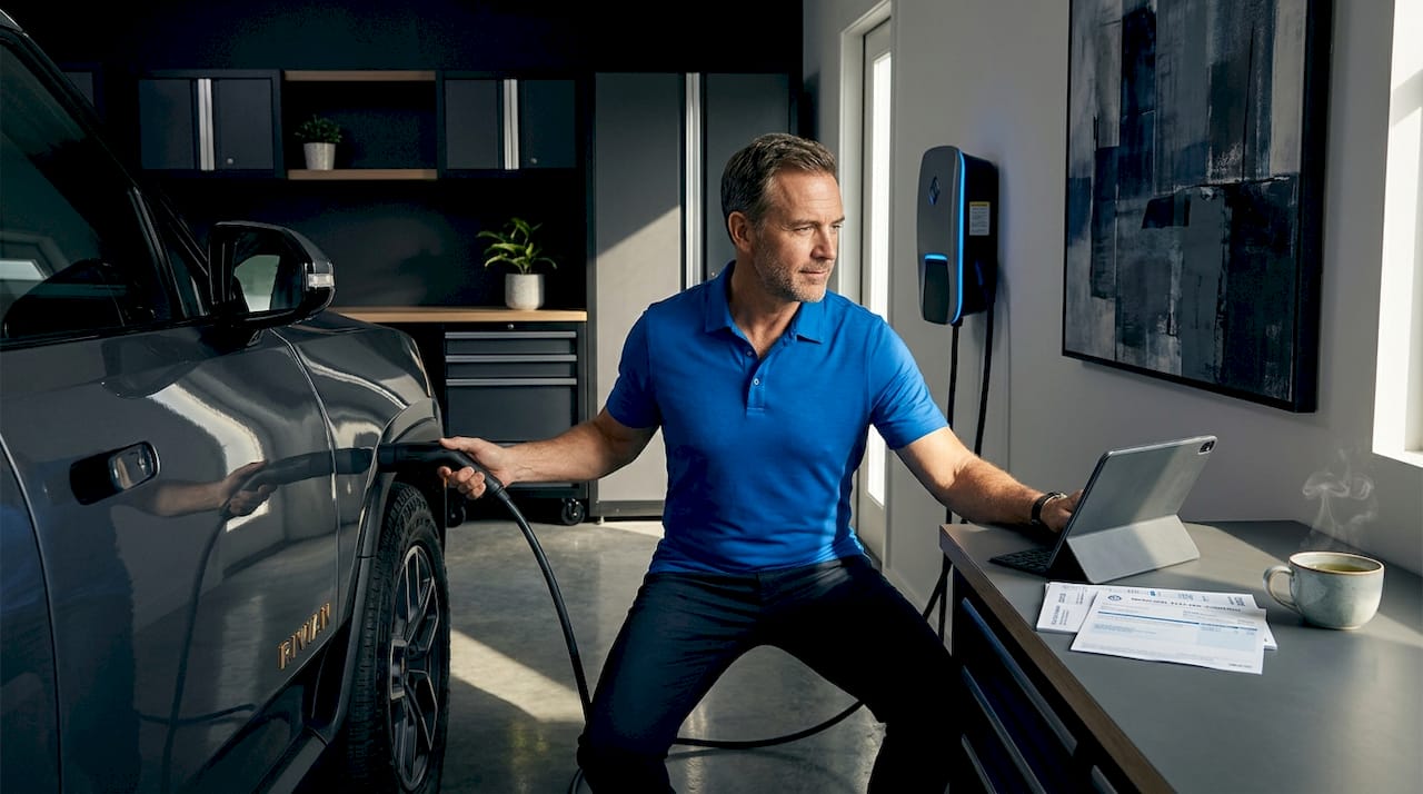 Man charging electric vehicle in tidy garage