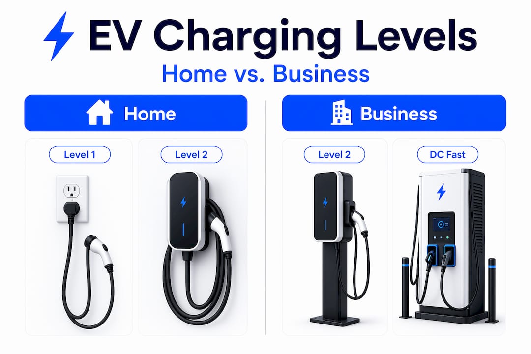 Infographic comparing home and business EV charging