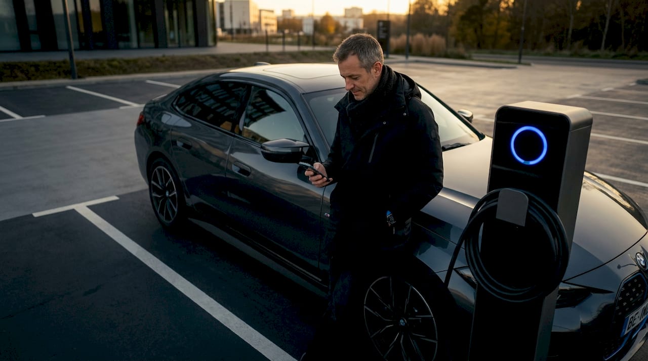 Un homme patiente à côté de sa voiture électrique.