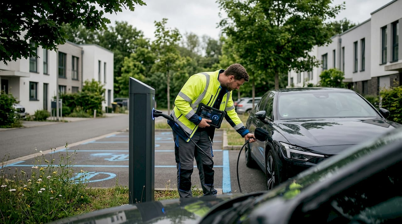 Un technicien procède à la vérification d'une borne de recharge pour véhicules électriques en ville.